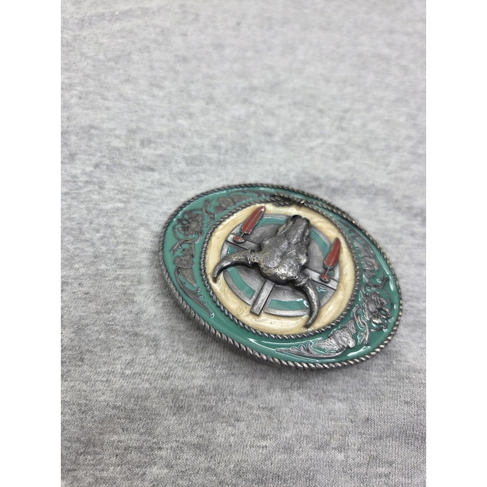 Rare 1981 Siskiyou Buffalo Skull Feathers Green Enamel Native Belt Buckle USA - Picture 5 of 10